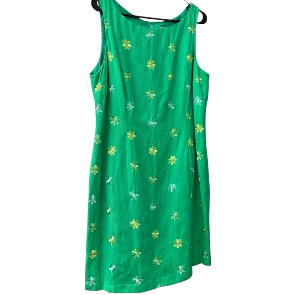 Vintage R&K linen blend sleeveless dress with embroidered flowers, 14P